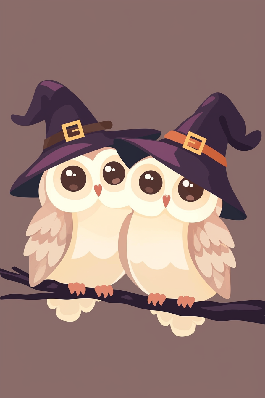cute Halloween drawings for kids, showcasing two adorable owls with wide eyes, wearing witch hats while perched on a branch.Pin this charming illustration of cute Halloween owls and follow easy drawing steps. Click to start creating your masterpiece and save it for your Halloween-themed crafts!